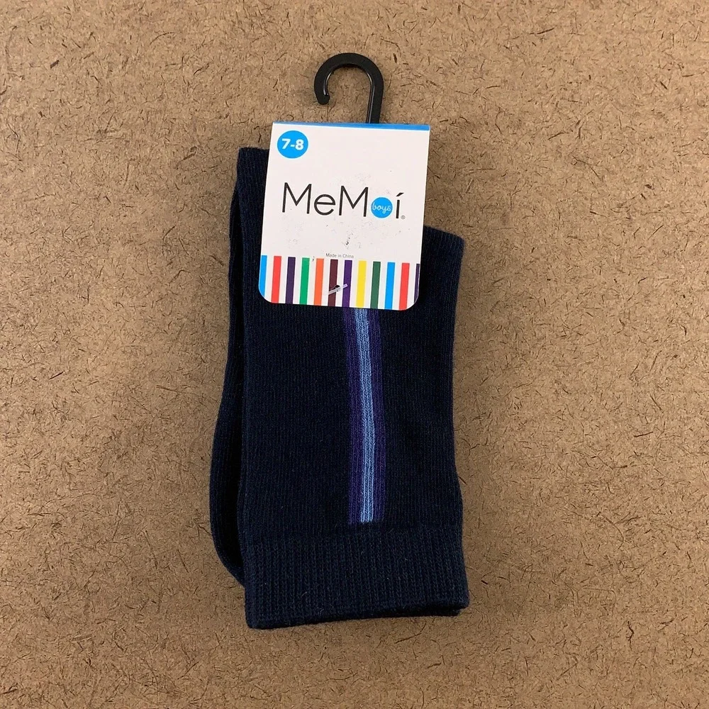 MeMoi Boys Shoe Size 9-1 Navy Side Stripe Cotton Blend Crew Socks 1 Pair NWT